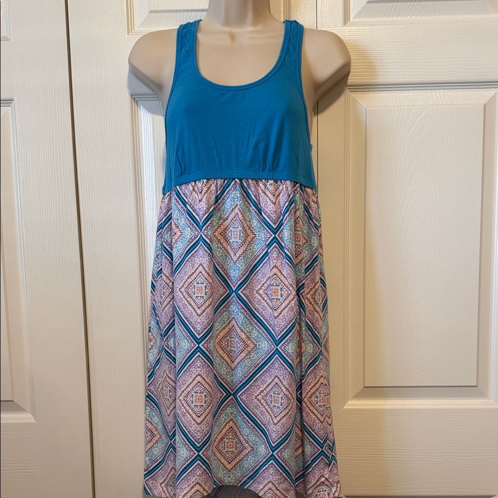 * Karen Neuburger Blue Tank Dress with Geometric Print Bottom (sz med)